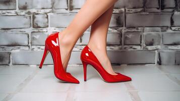 sexy rood hoog hakken. mode concept, catwalk. een modern en modieus schoen op te slaan. Aan een wit steen achtergrond, generatief ai foto