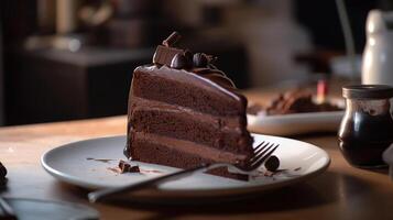 bord met plak van smakelijk eigengemaakt chocola taart in romantisch diner, generatief ai foto