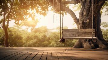 oud houten terras met rieten schommel hangen Aan de boom met wazig natuur achtergrond, generatief ai foto