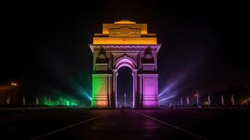 mooi Indië poort Bij nacht met veelkleurig lichten. deze mijlpaal is een van de hoofd attracties van Delhi en een populair toerist bestemming. generatief ai foto