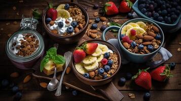 eigengemaakt muesli met noten en rozijnen, kiwi, bosbessen, banaan, aardbeien en duidelijk yoghurt, generatief ai foto