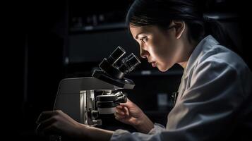 Aziatisch vrouw wetenschapper op zoek onder microscoop in laboratorium, generatief ai foto