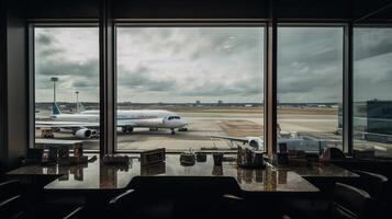 vliegtuig, visie van luchthaven terminal salon, generatief ai foto