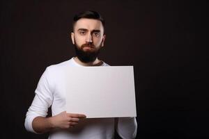 ai generatief een Mens houdt een blanco wit teken bord mockup in zijn hand- foto