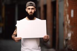 ai generatief een Mens houdt een blanco wit teken bord mockup in zijn hand- foto