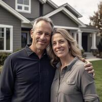 ai generatief portret van gelukkig volwassen paar staand in voorkant van hun nieuw huis foto