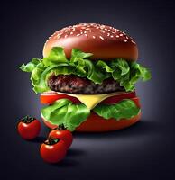 exploderend rundvlees hamburger met groenten en gesmolten kaas Aan zwart achtergrond ai gegenereerd foto