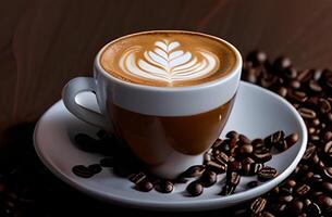 kop van koffie latte in de vorm van een hart en koffie illustratie ai gegenereerd foto