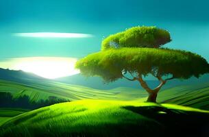 boom in een veld- met een groen achtergrond en een blauw lucht foto ai gegenereerd