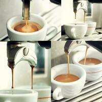 collage van een espresso machine maken een kop van koffie. foto