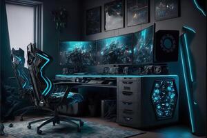 spectaculair gaming kamer interieur, gaming pc, gaming bureau, spel opstelling kamer, TV, bureau voor vijf mensen, futuristisch, LED lichten, cyberpunk kleur. generatief ai foto