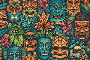 naadloos 2d illustratie afdrukken ontwerpen met Hawaii tropisch surfen palm tiki masker thema. ai gegenereerd foto