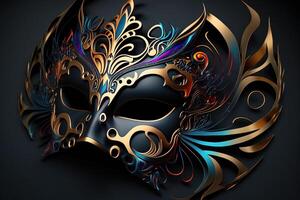 feestelijk carnaval masker met rijk decoratie, attributen van de braziliaans carnaval. Venetiaanse carnaval masker en kralen decoratie. mardi gras achtergrond. generatief ai foto