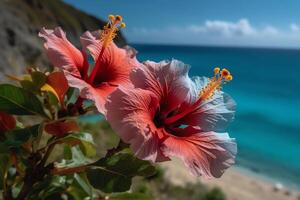 eiland paradijs hibiscus bloemen glinsterend in de zon. ai gegenereerd foto
