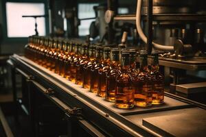 een fles van amber met whisky omringd door andere flessen Aan de fabriek transportband. ai gegenereerd foto