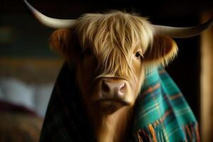 Schots hoogland koe vervelend groen Schotse ruit sjaal. ai gegenereerd foto