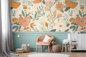 3d bloemen ambacht behang oranje roos groen en geel bloemen in licht achtergrond kinderen kamer muur decor. ai gegenereerd foto