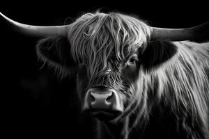 zwart en wit hoogland koe portret. ai gegenereerd foto