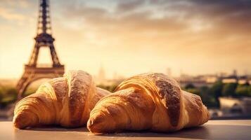 verrukkelijk Frans croissants Aan nostalgisch vestiging van eiffel toren, Parijs. creatief hulpbron, ai gegenereerd foto