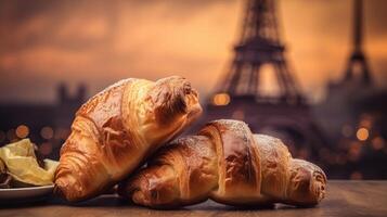 verrukkelijk Frans croissants Aan nostalgisch fundament van eiffel toren, Parijs. creatief hulpbron, ai gegenereerd foto