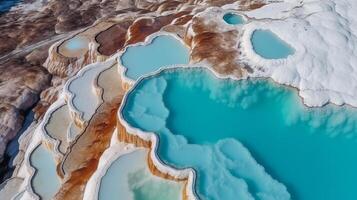 in de lucht ritme zien pamukkale kalkoen travertijn zwembaden, natuur yards met blauw water. creatief hulpbron, ai gegenereerd foto