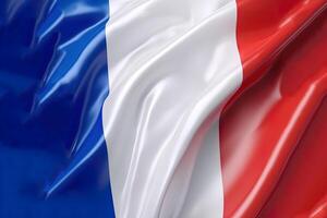 blauw, wit en rood achtergrond, golvend de nationaal vlag van Frankrijk, zwaaide een zeer gedetailleerd detailopname. ai gegenereerd foto