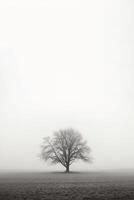 een eenzaam boom staat alleen in een mistig veld- met kopiëren ruimte voor tekst. ai gegenereerd foto
