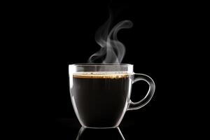 dichtbij omhoog een kop van een zwart heet koffie met rook Aan zwart achtergrond. ai gegenereerd foto