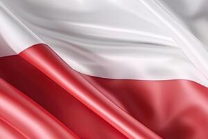wit en rood achtergrond, golvend de nationaal vlag van Polen, zwaaide een zeer gedetailleerd detailopname. ai gegenereerd foto