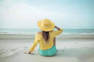 terug visie van een vrouw vervelend een hoed zittend Aan een strand. ai gegenereerd foto