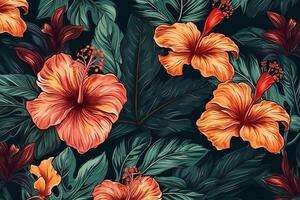 tropisch exotisch naadloos patroon met hibiscus bloemen mooi palm banaan bladeren hand getekend donker wijnoogst 3d illustratie glamoureus abstract achtergrond kunst mooi zo luxe achtergronden lap. ai gegenereerd foto