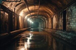 oud historisch gewelfd overstroomd ondergronds afvoer tunnel. ai gegenereerd foto