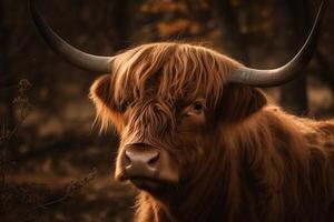 portret van een bruin Schots hoogland vee koe met lang hoorns in natuur. ai gegenereerd foto