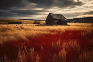 rood schuur in de veld. ai gegenereerd foto