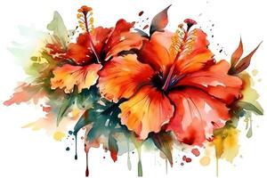 boeket van mooi hibiscus bloemen Aan een wit achtergrond waterverf illustratie groet kaart. ai gegenereerd foto