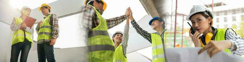 ingenieur team en aannemer verhogen hun handen omhoog samen voor toetreden handen in fabriek bouw gebouw na bouwen succes, concept van succes bedrijf van bouwkunde vennootschap. foto