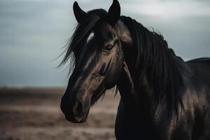 een volbloed zwart paard in de weiland. generatief ai foto