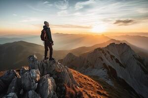 een mannetje wandelaar staat Aan de top van een klif hoog in de bergen en looks uit Bij de zonsondergang. generatief ai foto