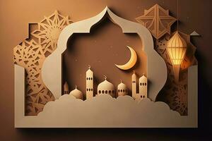 Islamitisch Ramadan vakantie banier met gloeiend lantaarn, maan en moskee venster portaal. ai foto