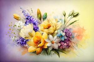 ai gegenereerd boeket van vers voorjaar bloemen Aan licht kleurrijk achtergrond. foto