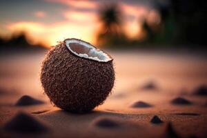 ai gegenereerd kokosnoot Aan de strand in de zonsondergang macro zoom. foto