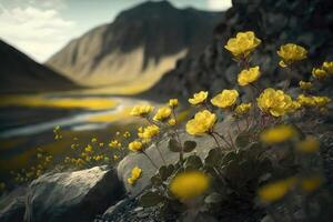 ai gegenereerd geel bloemen toenemen in de berg landschap. foto