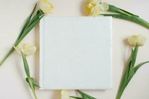 bruiloft of familie foto album, geel tulpen bloemen Aan een licht achtergrond