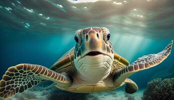 portret van een gelukkig zee schildpad zwemmen onderwater. generatief ai foto