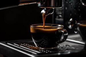 espresso machine giet vers zwart koffie detailopname. ai gegenereerd foto