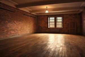 groot leeg kamer in landhuis stijl met houten verdieping bakstenen muur b. ai gegenereerd foto