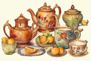 waterverf tekening reeks van theepotten en cups schattig wijnoogst theepotten en mokken thee. ai gegenereerd foto