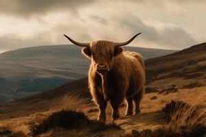 groot hoogland vee in een weide in top van een heuvel mooi dramatisch landschap. ai gegenereerd foto