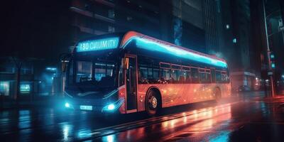 bus het rijden Aan de weg Bij nacht met gloeiend neon lichten beweging vervagen achtergrond. generatief ai foto