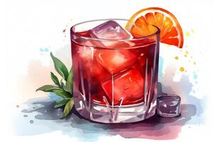 waterverf illustratie van een negroni cocktail drinken vlak illustratie stijl. ai gegenereerd foto